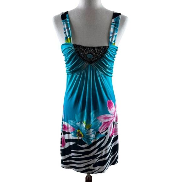 Venus Tropical Zebra Print Floral Dress Small Embellished Bust Boho Vacation - Picture 2 of 12